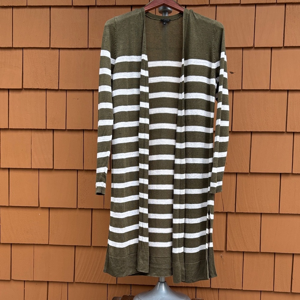TALBOTS | Olive Green Classic Striped Linen Coastal Casual Cardigan | Size M